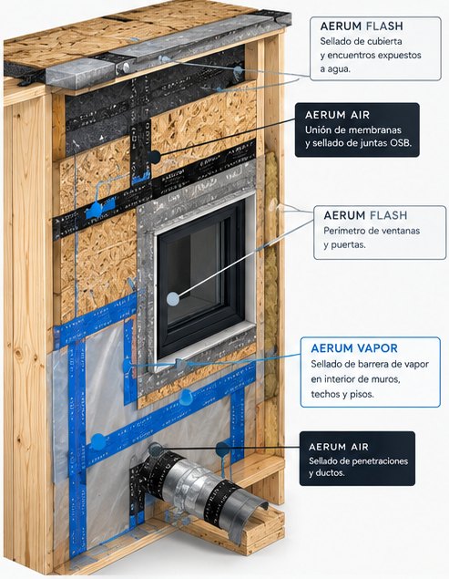 Esquema de un muro de entramado con AERUM AIR en juntas de OSB y membranas, AERUM FLASH en ventana y cubierta, y AERUM VAPOR en la barrera de vapor interior